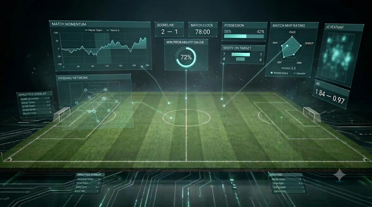 A stylized three dimensional football pitch surrounded by glowing analytics panels showing match momentum, win probability, possession, shots on target, an MVP rating radar and an expected goals heatmap